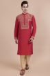Red Embroidered Cotton Slub Long Kurta