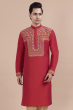 Red Embroidered Cotton Slub Long Kurta