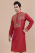 Red Embroidered Cotton Slub Long Kurta
