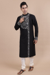 Black Embroidered Cotton Slub Long Kurta