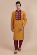 Mustard Yellow Embroidered Cotton Slub Long Kurta