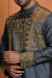 Charcoal Grey Embroidered Tussar Long Kurta