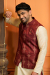 Red Embroidered Linen Ethnic Jacket