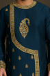 Blue Cotton Slub Embroidered Long Kurta