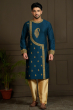 Blue Cotton Slub Embroidered Long Kurta