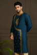 Blue Cotton Slub Embroidered Long Kurta