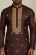 Brown Embroidered Tussar Long Kurta