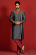 Grey Embroidered Cotton Slub Long Kurta