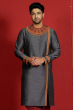 Grey Embroidered Cotton Slub Long Kurta