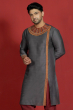 Grey Embroidered Cotton Slub Long Kurta
