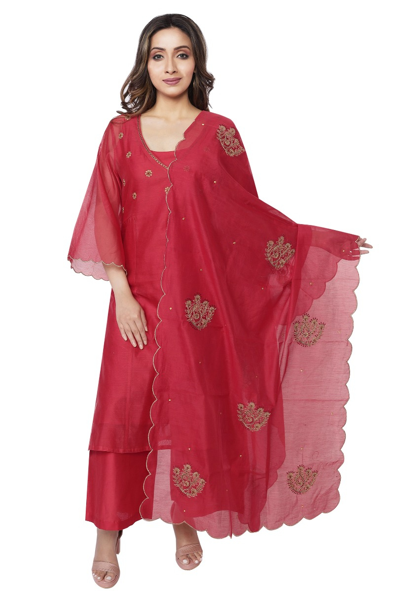 MAROON EMBROIDERED CHANDERI EXCLUSIVE PALAZZO SET