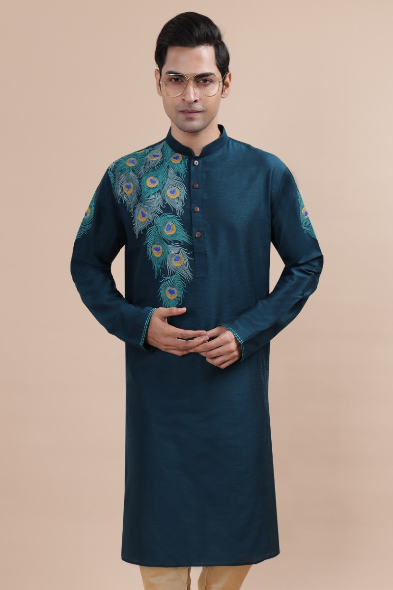 Blue Cotton Slub Embroidered Long Kurta