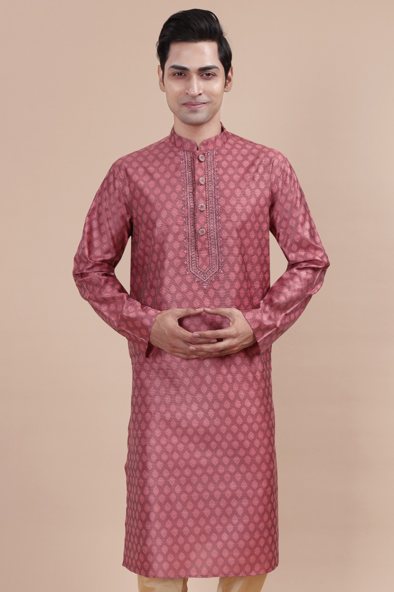 Pink Jaquard Embroidered Long Kurta