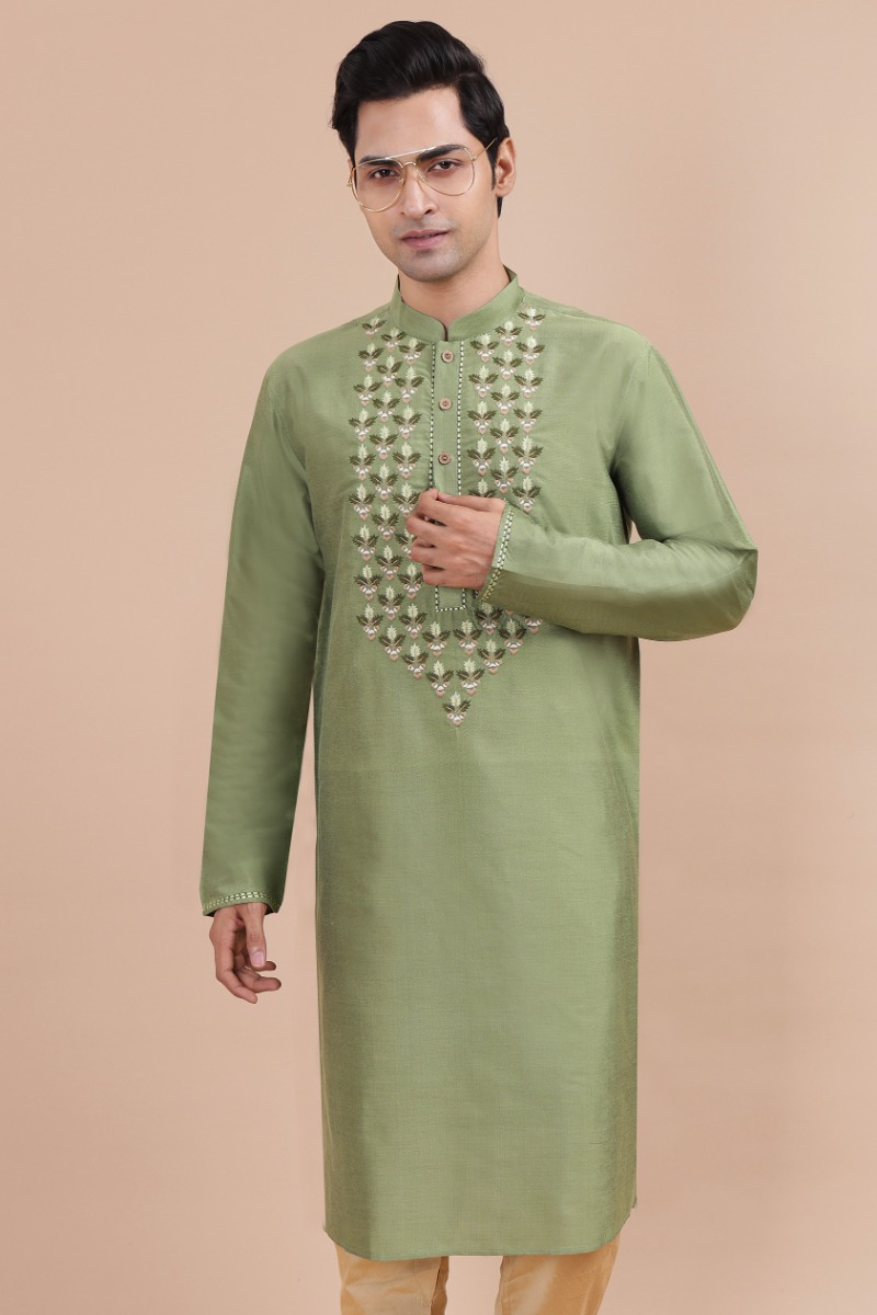 Green Embroidered Cotton Silk Long Kurta