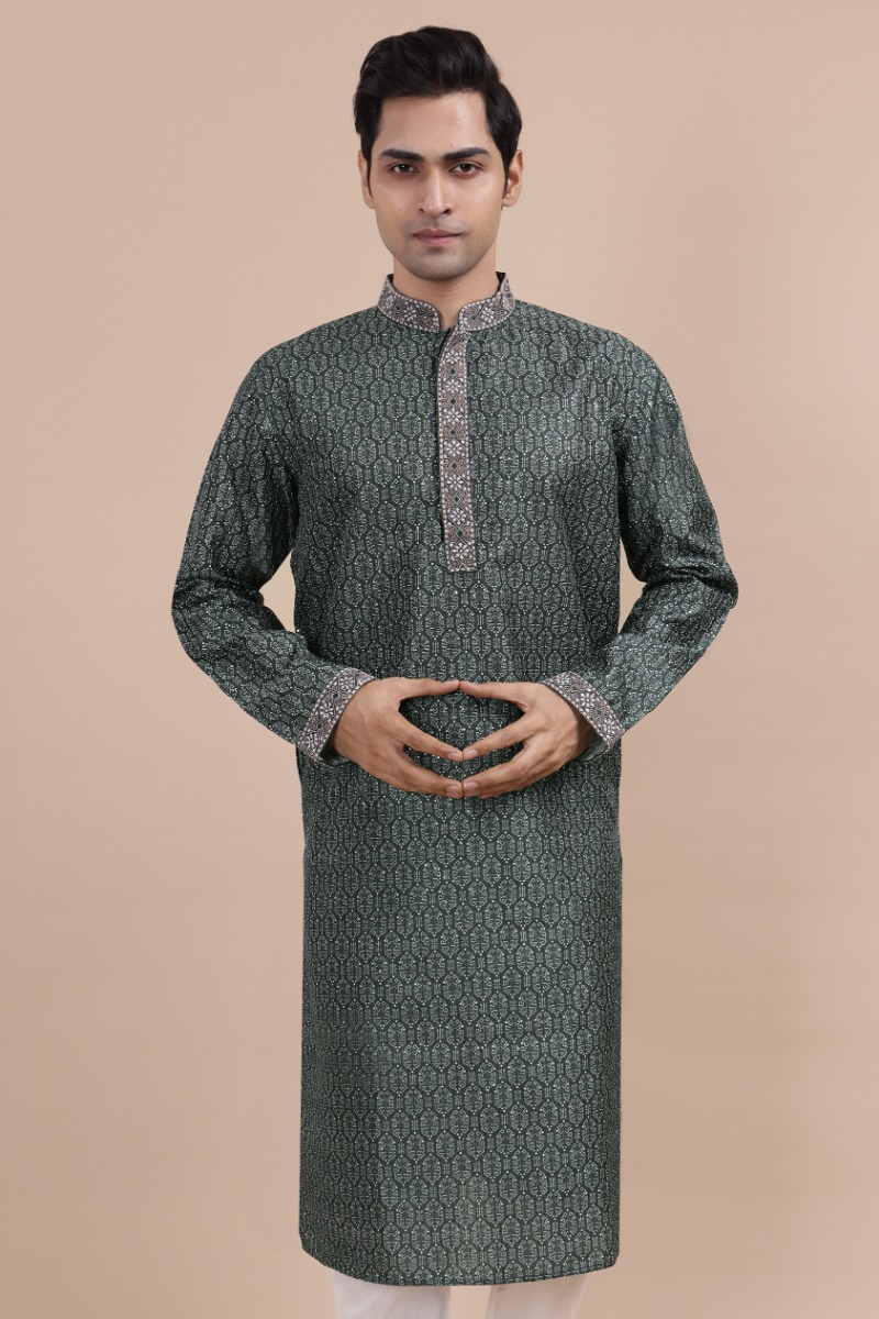 Bottle Green Jaquard Woven Long Kurta