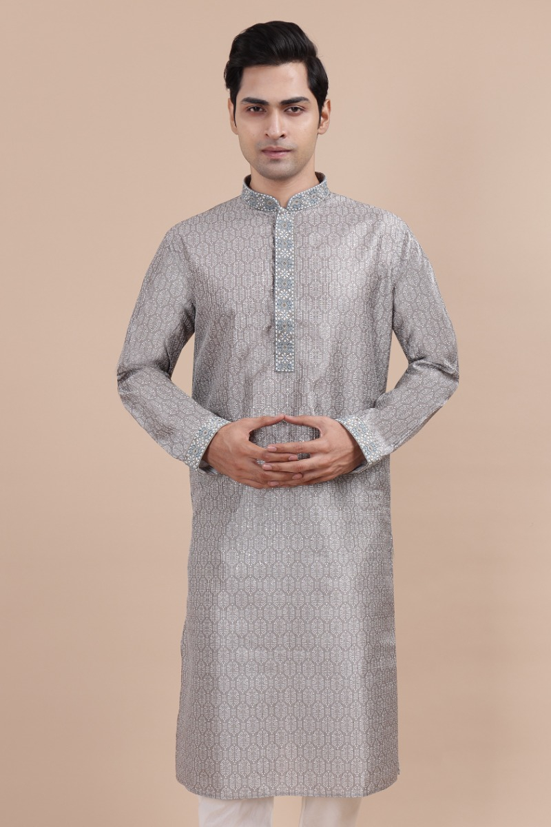 Grey Jaquard Woven Long Kurta