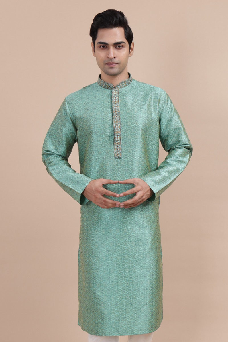 Sea Green Jaquard Woven Long Kurta