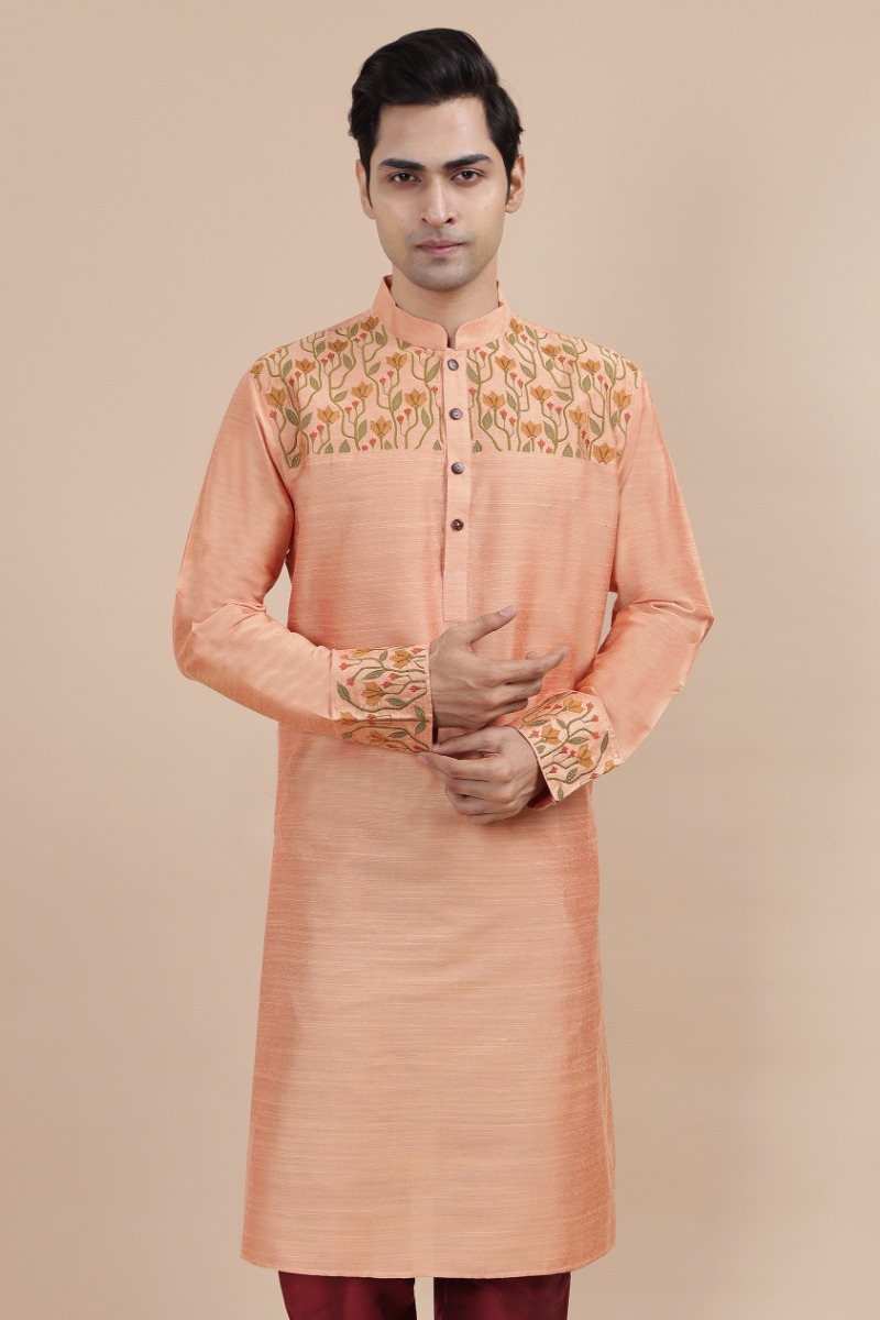Peach Embroidered Cotton Slub Long Kurta