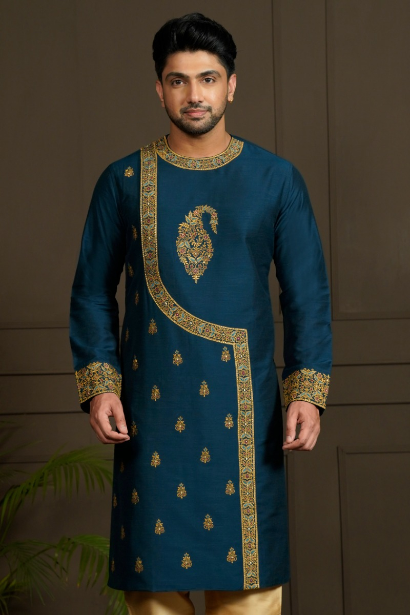 Blue Cotton Slub Embroidered Long Kurta
