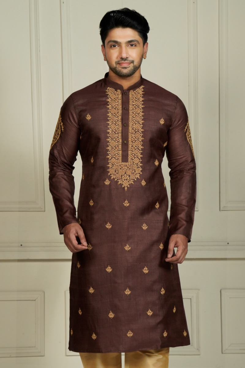 Brown Embroidered Tussar Long Kurta