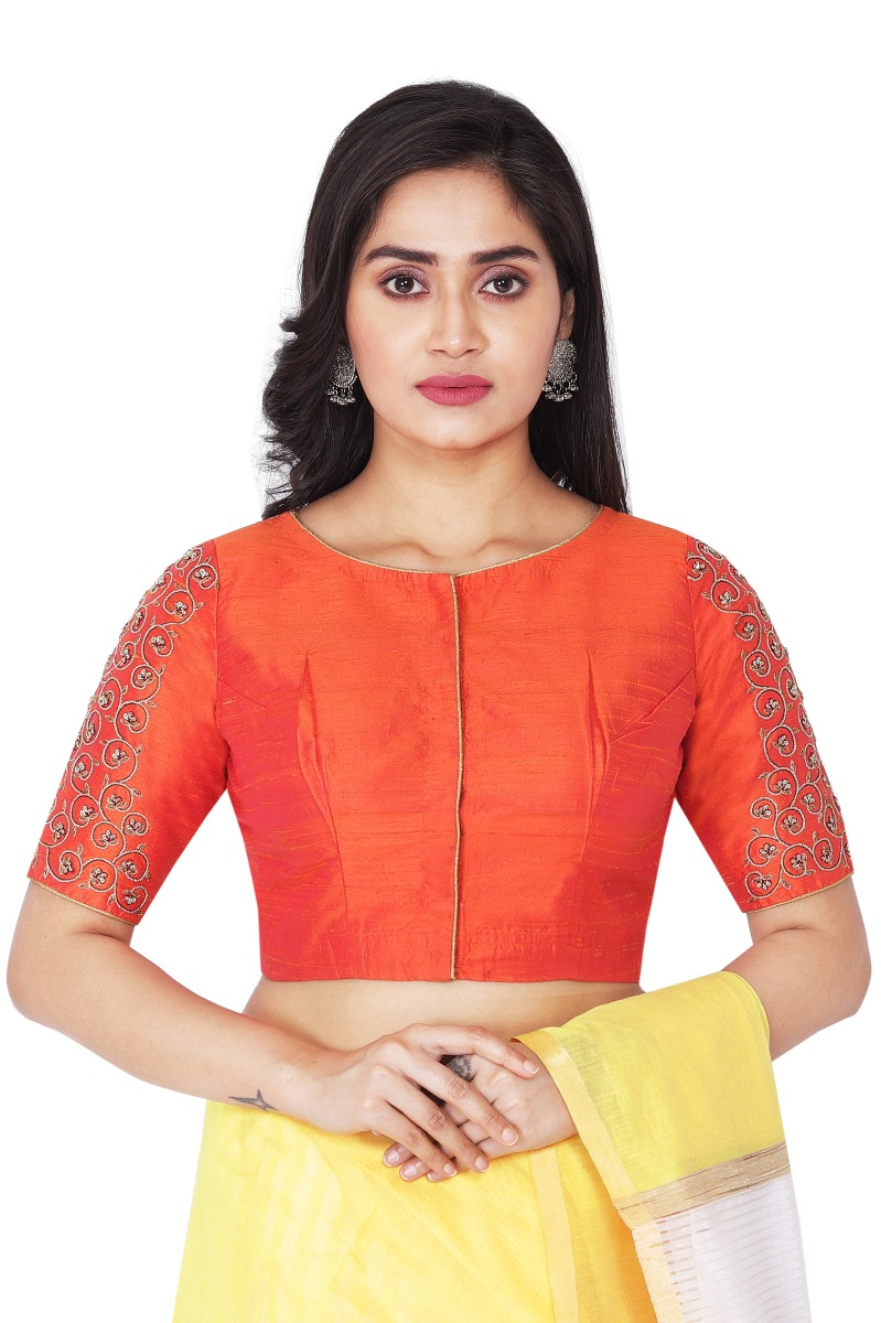 Orange Raw Silk Hand Ari Embroidered Blouse