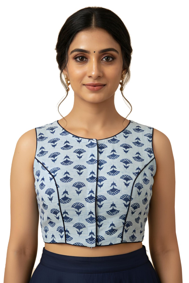 White & Blue Cotton Printed Blouse